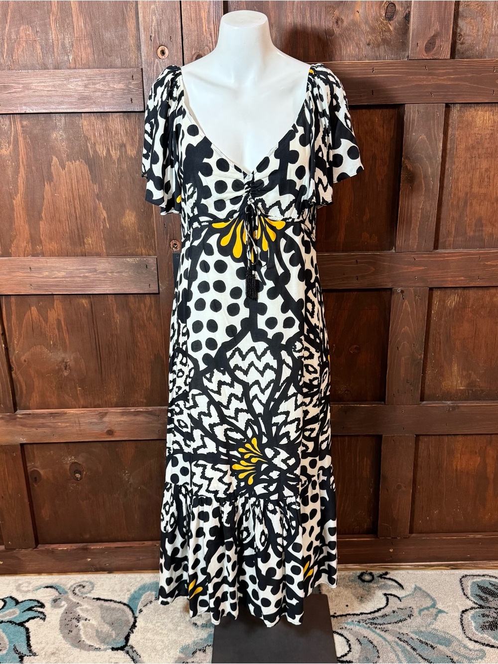 Anthropologie Black, White & Yellow Floral-Print Maxi Dress